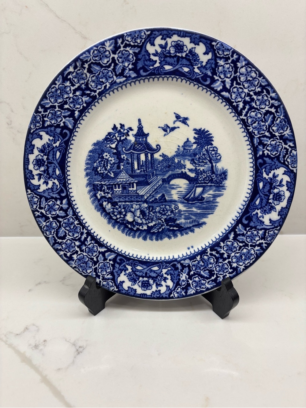 Antique Blue Willow Transferware Decorative Flow Blue Plate